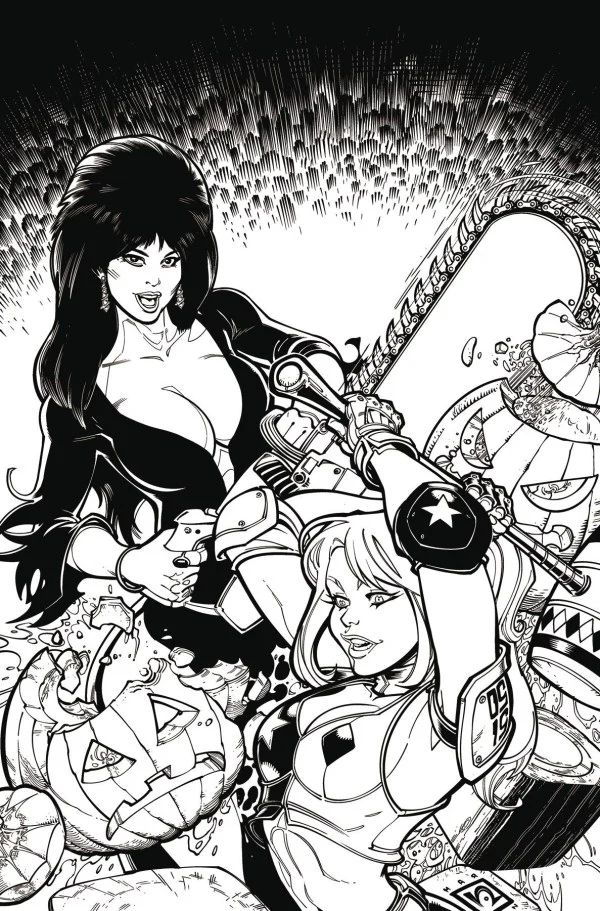 HARLEY QUINN X ELVIRA #1 CVR Q INC 1:15 CHAD HARDIN LINE ART VIRGIN VAR