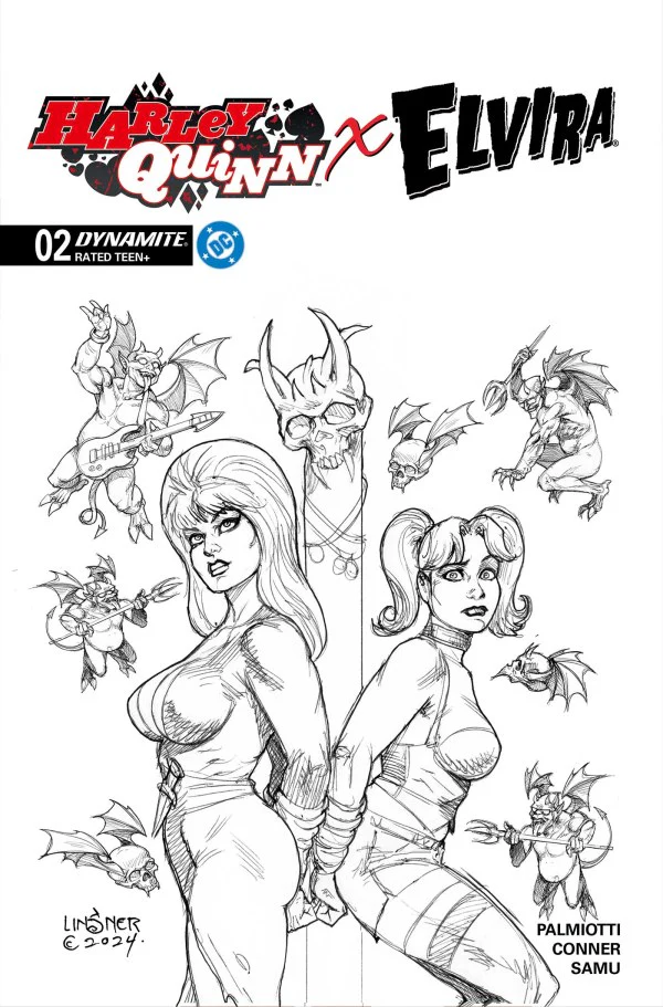 HARLEY QUINN X ELVIRA #2 CVR T INC 1:7 JOSEPH MICHAEL LINSNER LINE ART FOC BONUS VAR
